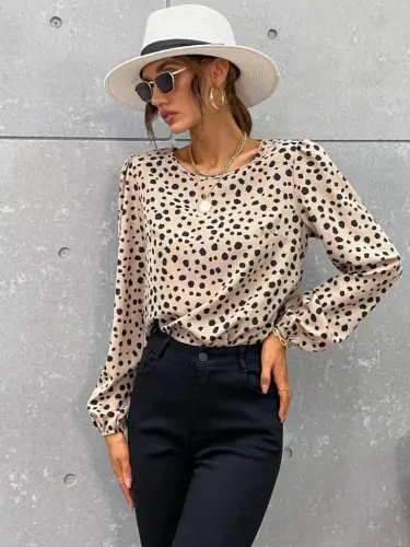 Women's Long Sleeve Bike Collar Patterned Blouse - 5