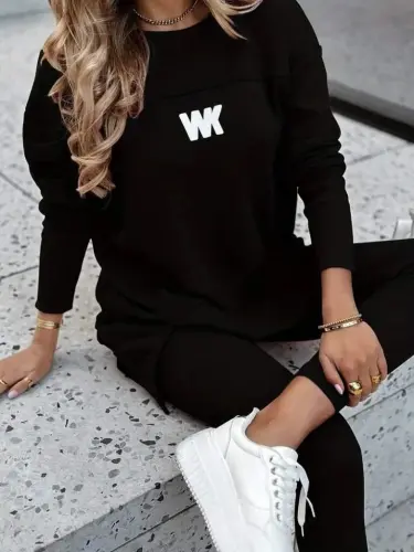 Women's Long Sleeve Bike Collar Ribbed Viscose Two Thread And Leggings Pants Set - 1