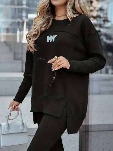 Women's Long Sleeve Bike Collar Ribbed Viscose Two Thread And Leggings Pants Set - 2