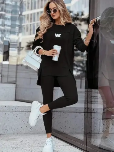 Women's Long Sleeve Bike Collar Ribbed Viscose Two Thread And Leggings Pants Set - 3