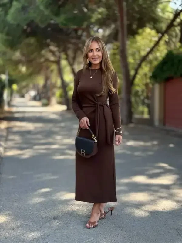 Women's Long Sleeve Bike Collar Side Tie Long Modal Dress - BÜYÜKBEDENIZ