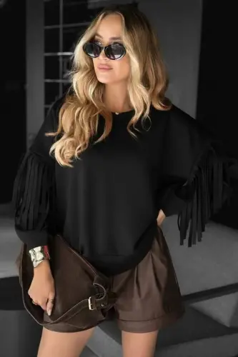 Women's Long Sleeve Bike Collar Tassel Sleeve Modal Blouse - 1