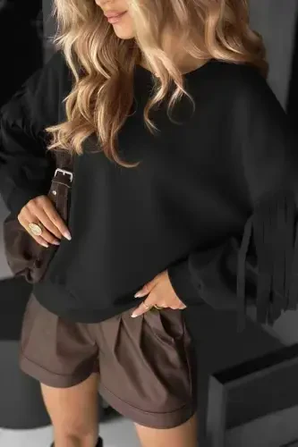 Women's Long Sleeve Bike Collar Tassel Sleeve Modal Blouse - BÜYÜKBEDENIZ (1)