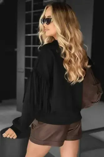 Women's Long Sleeve Bike Collar Tassel Sleeve Modal Blouse - 3