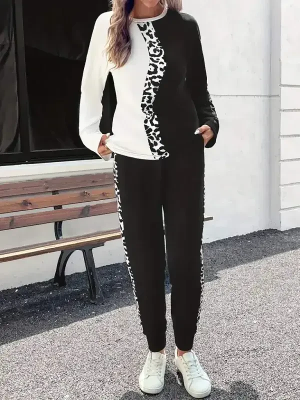 Women's Long Sleeve Bike Collar Two-Tone Viscose Two Thread Blouse and Pants Set - 1