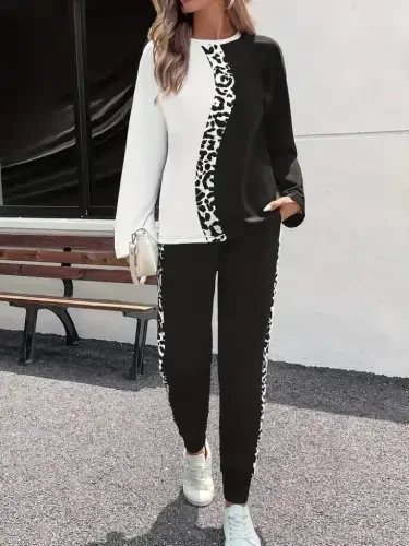 Women's Long Sleeve Bike Collar Two-Tone Viscose Two Thread Blouse and Pants Set - 2