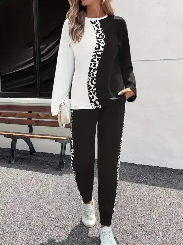 Women's Long Sleeve Bike Collar Two-Tone Viscose Two Thread Blouse and Pants Set - 2