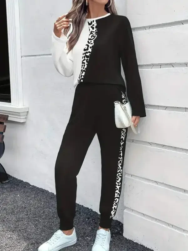 Women's Long Sleeve Bike Collar Two-Tone Viscose Two Thread Blouse and Pants Set - 3