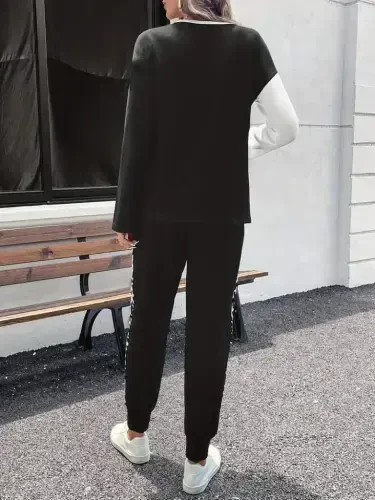 Women's Long Sleeve Bike Collar Two-Tone Viscose Two Thread Blouse and Pants Set - 4