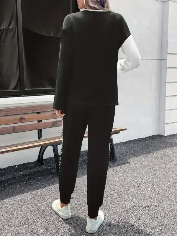 Women's Long Sleeve Bike Collar Two-Tone Viscose Two Thread Blouse and Pants Set - 4