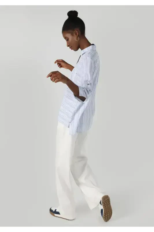 Women's Long Sleeve Blue Striped Regular Fit Shirt - 1