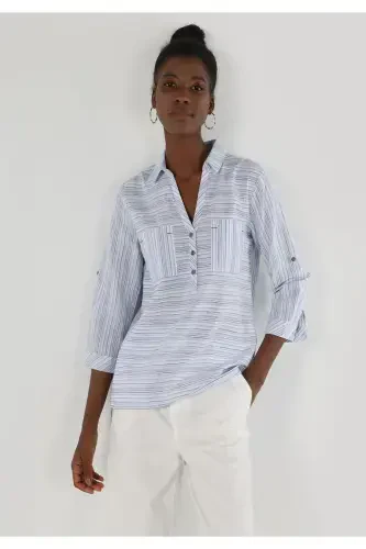 Women's Long Sleeve Blue Striped Regular Fit Shirt - 4