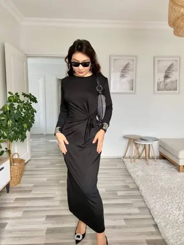 Women's Long Sleeve Boat Neck Crisscross Tie Waist Slit Long Viscose Two Thread Dress - 1