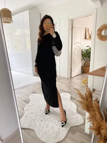 Women's Long Sleeve Boat Neck Crisscross Tie Waist Slit Long Viscose Two Thread Dress - 3