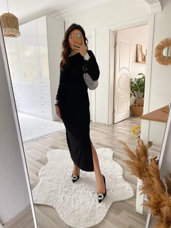 Women's Long Sleeve Boat Neck Crisscross Tie Waist Slit Long Viscose Two Thread Dress - 3