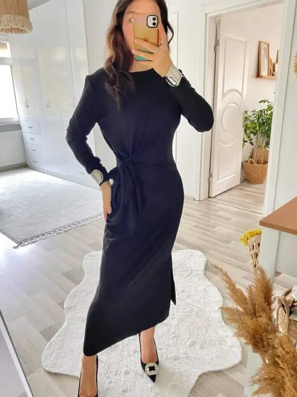 Women's Long Sleeve Boat Neck Crisscross Tie Waist Slit Long Viscose Two Thread Dress - 4