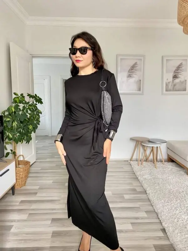 Women's Long Sleeve Boat Neck Crisscross Tie Waist Slit Long Viscose Two Thread Dress - 5