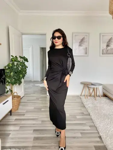 Women's Long Sleeve Boat Neck Crisscross Tie Waist Slit Long Viscose Two Thread Dress - 6