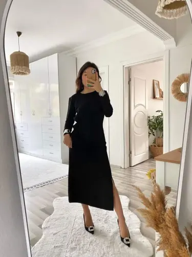 Women's Long Sleeve Boat Neck Crisscross Tie Waist Slit Long Viscose Two Thread Dress - 7