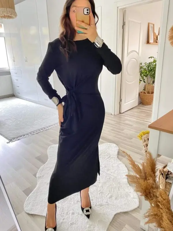 Women's Long Sleeve Boat Neck Crisscross Tie Waist Slit Long Viscose Two Thread Dress - 8