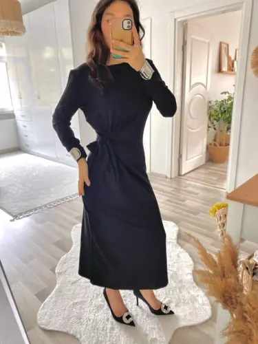 Women's Long Sleeve Boat Neck Crisscross Tie Waist Slit Long Viscose Two Thread Dress - 9