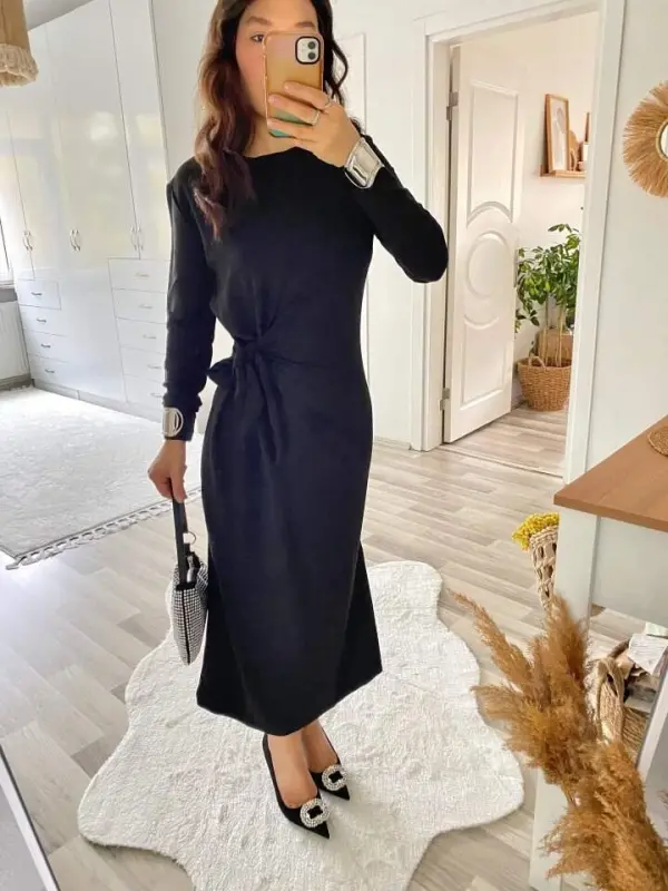 Women's Long Sleeve Boat Neck Crisscross Tie Waist Slit Long Viscose Two Thread Dress - 10