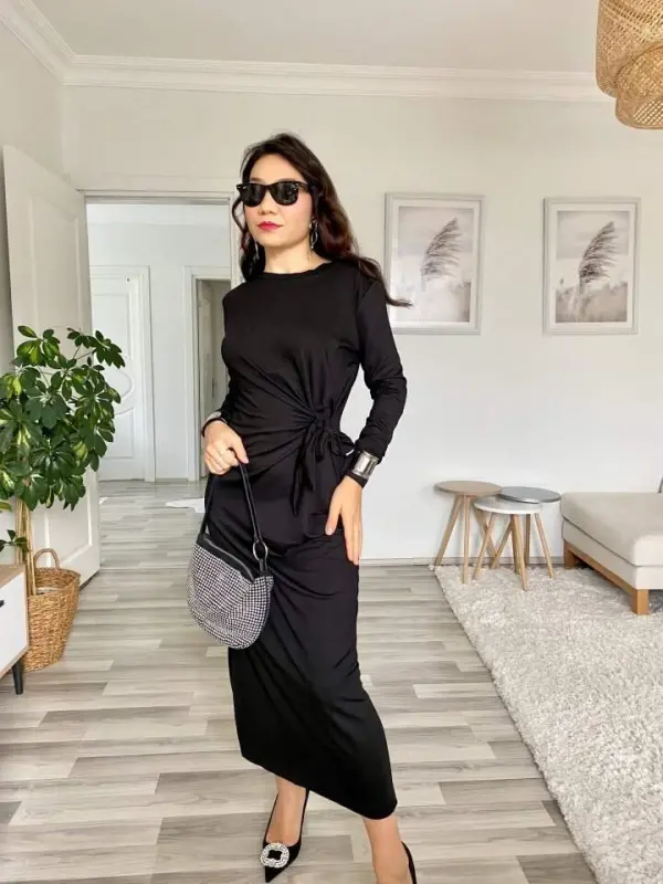 Women's Long Sleeve Boat Neck Crisscross Tie Waist Slit Long Viscose Two Thread Dress - 11