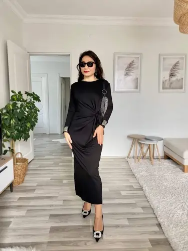 Women's Long Sleeve Boat Neck Crisscross Tie Waist Slit Long Viscose Two Thread Dress - 13