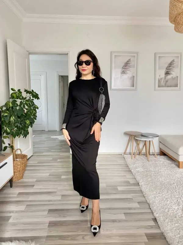 Women's Long Sleeve Boat Neck Crisscross Tie Waist Slit Long Viscose Two Thread Dress - 13