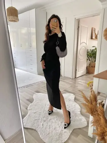 Women's Long Sleeve Boat Neck Crisscross Tie Waist Slit Long Viscose Two Thread Dress - 14