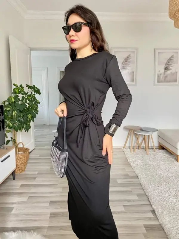 Women's Long Sleeve Boat Neck Crisscross Tie Waist Slit Long Viscose Two Thread Dress - 15