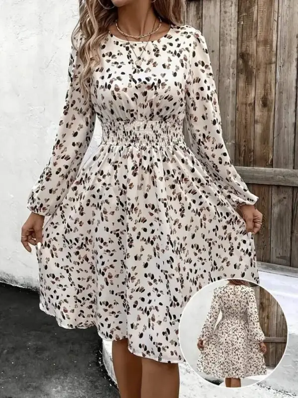 Women's Long Sleeve Boat Neck Elastic Waist Midi Supplex Dress - 1