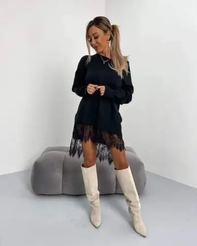 Women's Long Sleeve Boat Neck Honeycomb Lace Guipure Detail 3 Thread Fabric Mini Dress - BÜYÜKBEDENIZ (1)