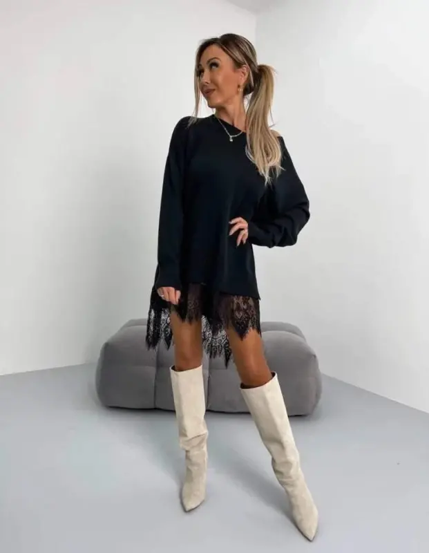 Women's Long Sleeve Boat Neck Honeycomb Lace Guipure Detail 3 Thread Fabric Mini Dress - 3