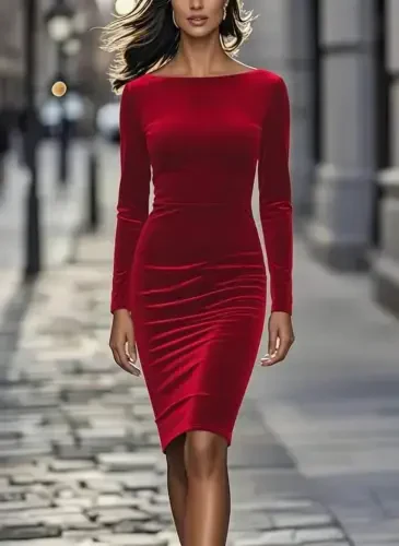 Women's Long Sleeve Boat Neck Mini Velvet Dress - BÜYÜKBEDENIZ (1)