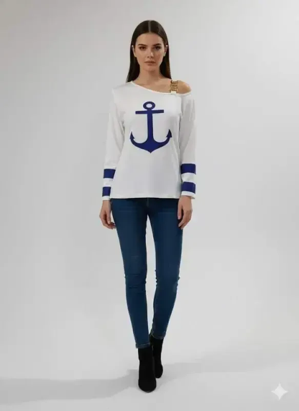 Women's Long Sleeve Boat Neck Off Shoulder and Buckle Detailed Blouse - BÜYÜKBEDENIZ