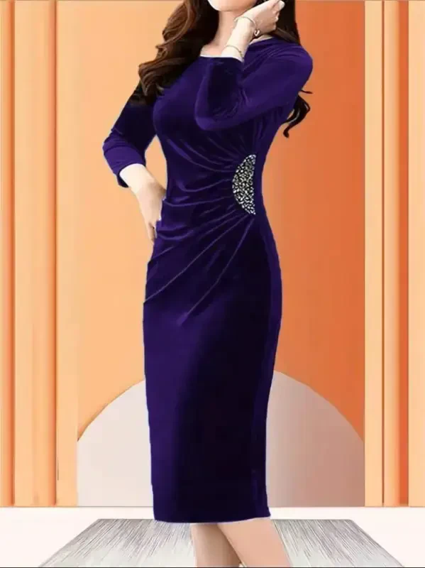 Women's Long Sleeve Boat Neck Side Stone Detailed Midi Velvet Dress - 1