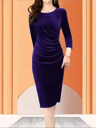 Women's Long Sleeve Boat Neck Side Stone Detailed Midi Velvet Dress - BÜYÜKBEDENIZ (1)