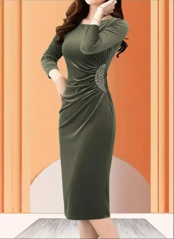 Women's Long Sleeve Boat Neck Side Stone Detailed Midi Velvet Dress - BÜYÜKBEDENIZ