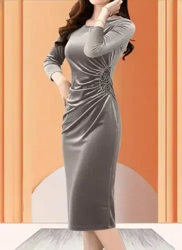 Women's Long Sleeve Boat Neck Side Stone Detailed Midi Velvet Dress - 1