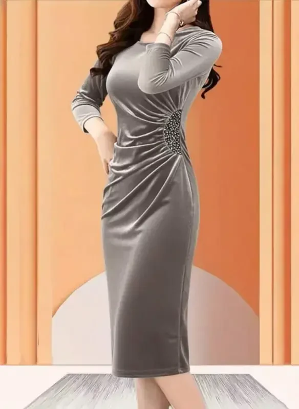 Women's Long Sleeve Boat Neck Side Stone Detailed Midi Velvet Dress - 1