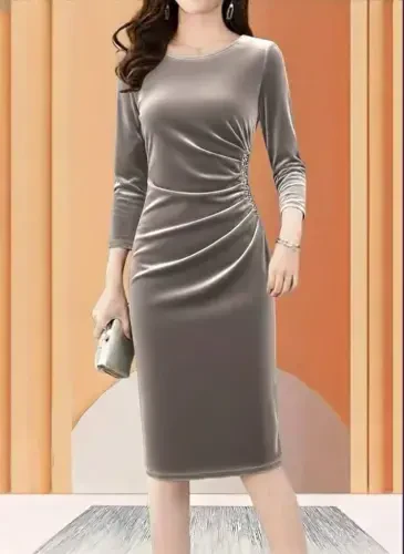 Women's Long Sleeve Boat Neck Side Stone Detailed Midi Velvet Dress - BÜYÜKBEDENIZ (1)