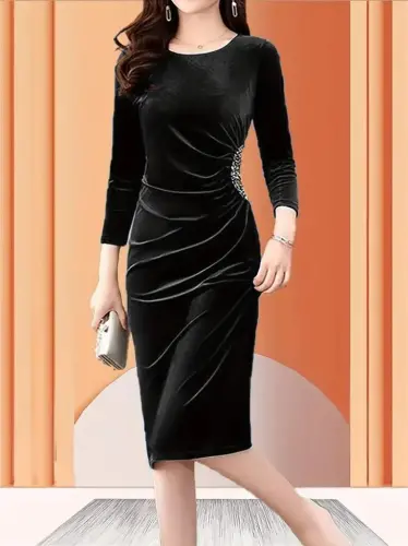 Women's Long Sleeve Boat Neck Side Stone Detailed Midi Velvet Dress - 2