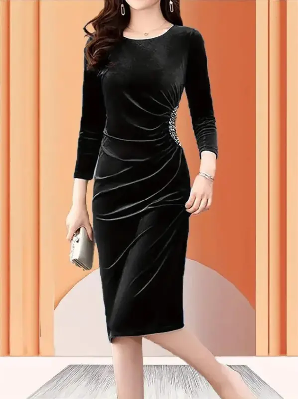 Women's Long Sleeve Boat Neck Side Stone Detailed Midi Velvet Dress - 2