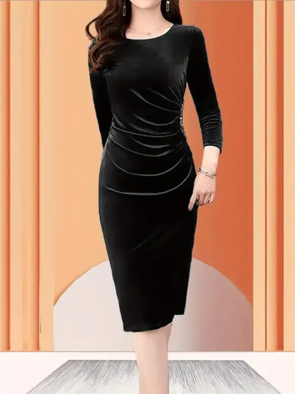 Women's Long Sleeve Boat Neck Side Stone Detailed Midi Velvet Dress - 5