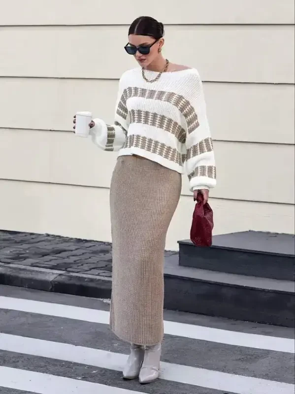 Women's Long Sleeve Boat Neck Slouchy Knit Blouse And Skirt Set - 1