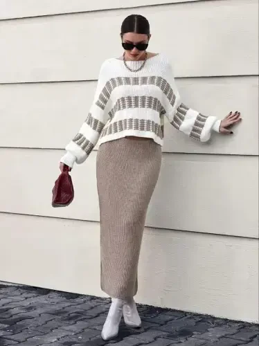 Women's Long Sleeve Boat Neck Slouchy Knit Blouse And Skirt Set - 2