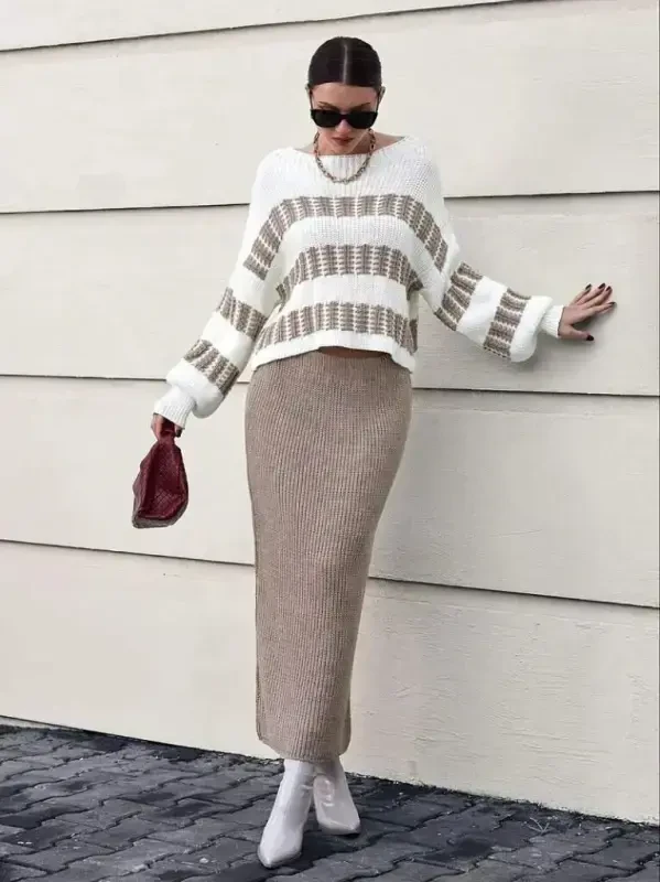 Women's Long Sleeve Boat Neck Slouchy Knit Blouse And Skirt Set - 2