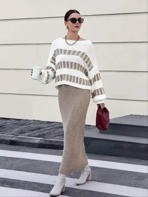 Women's Long Sleeve Boat Neck Slouchy Knit Blouse And Skirt Set - 3