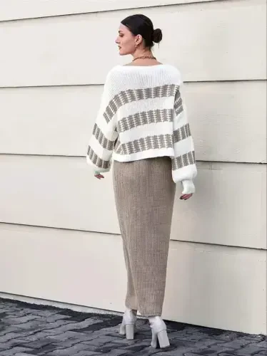 Women's Long Sleeve Boat Neck Slouchy Knit Blouse And Skirt Set - 4